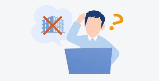 会社情報が見つからずパソコンの前で困る人のイラスト