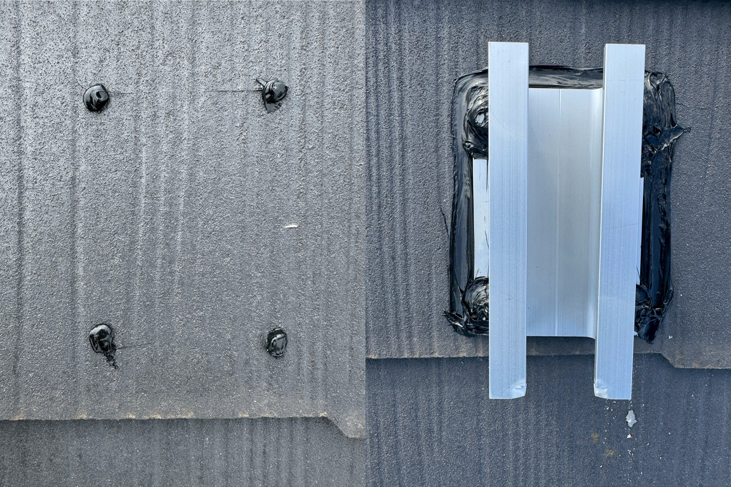 太陽光パネルの架台の設置には雨漏りしないようにビス穴にコーキングを注入して、その上に架台を設置、さらにそれをコーキングで覆っております